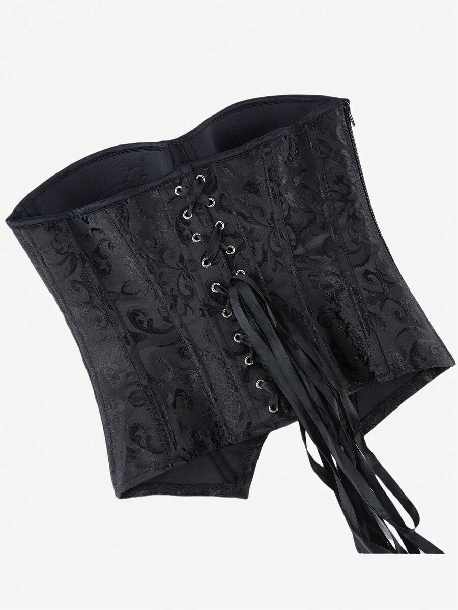 Black overbust corset top with strapless design, boned support, tie-back and zipper closure for women shapewear styling.
