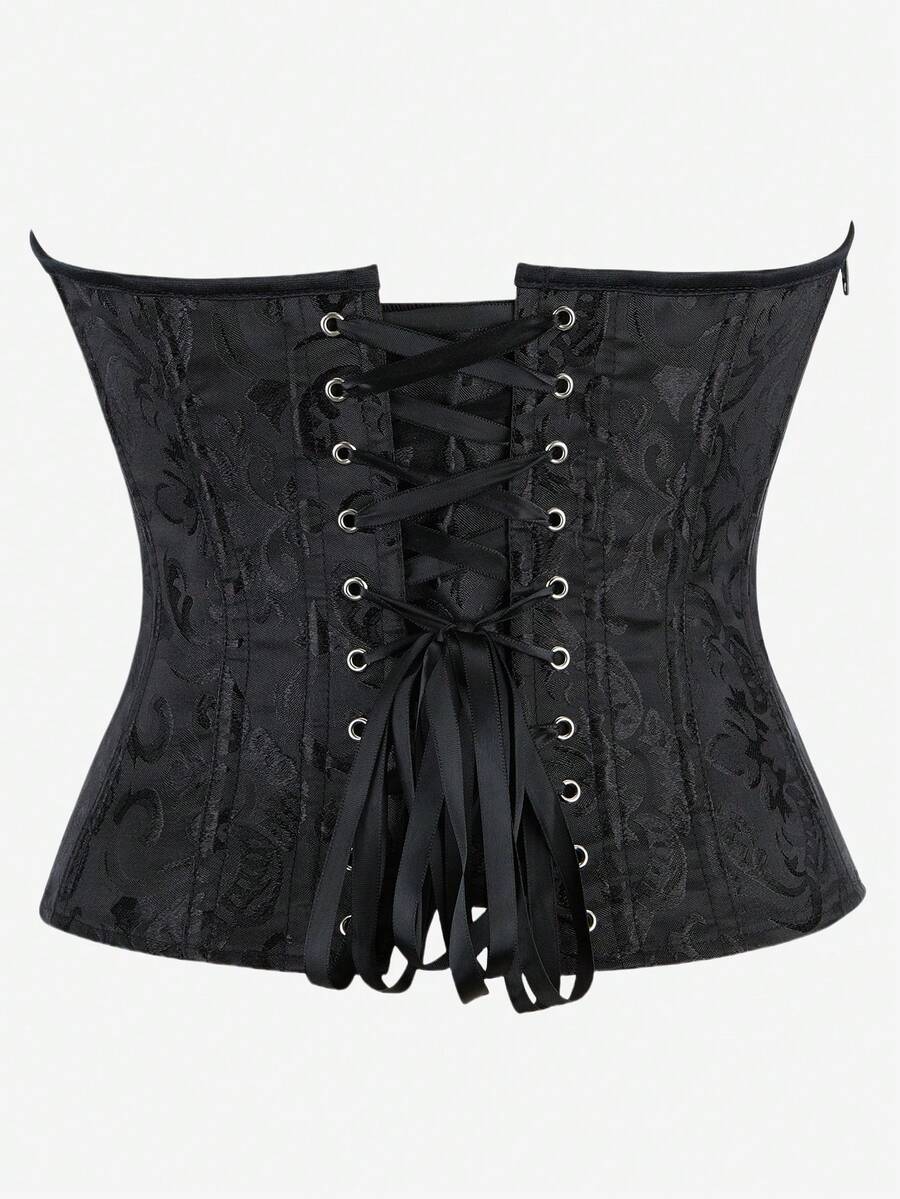Black overbust corset top with strapless design, boned support, tie-back and zipper closure for women shapewear styling.