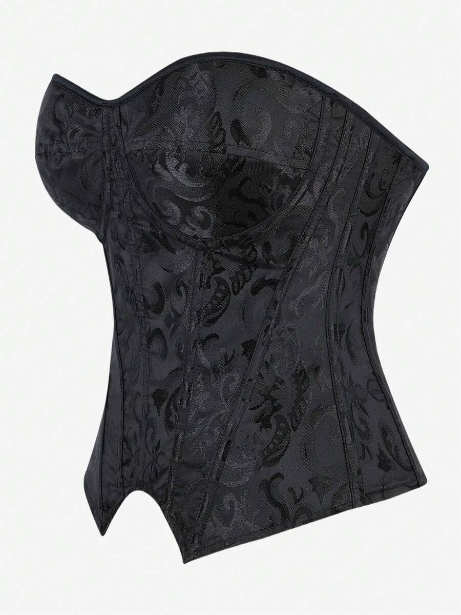 Black overbust corset top with strapless design, boned support, tie-back and zipper closure for women shapewear styling.