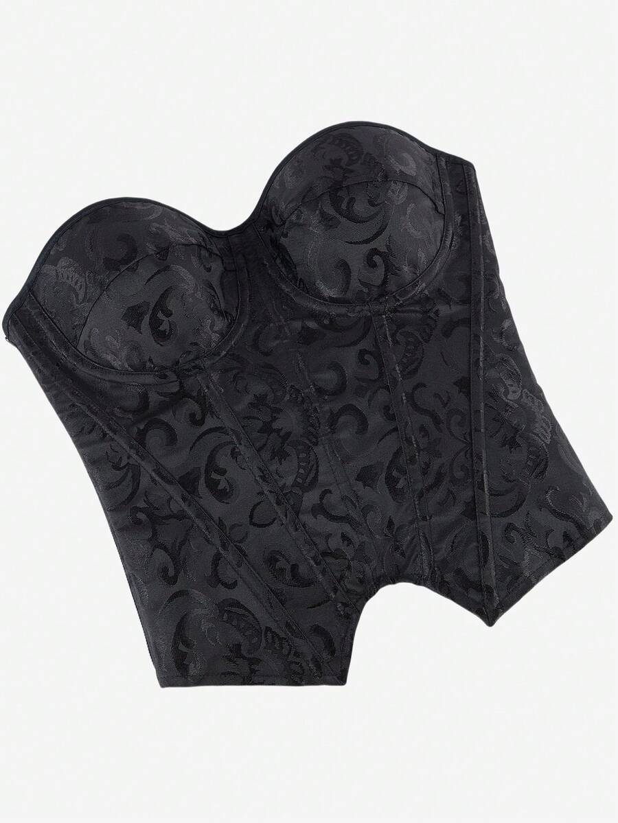 Black overbust corset top with strapless design, boned support, tie-back and zipper closure for women shapewear styling.