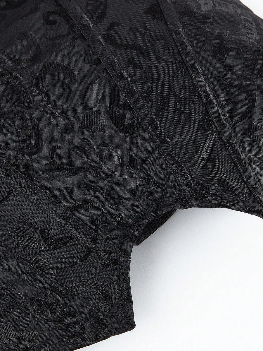 Black overbust corset top with strapless design, boned support, tie-back and zipper closure for women shapewear styling.