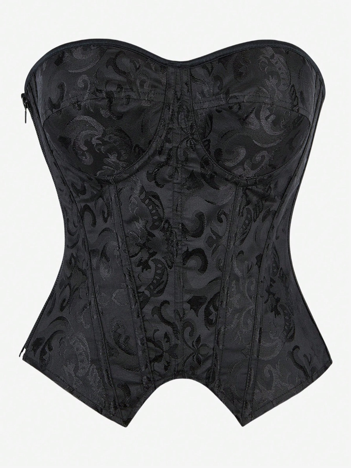 Black overbust corset top with strapless design, boned support, tie-back and zipper closure for women shapewear styling.