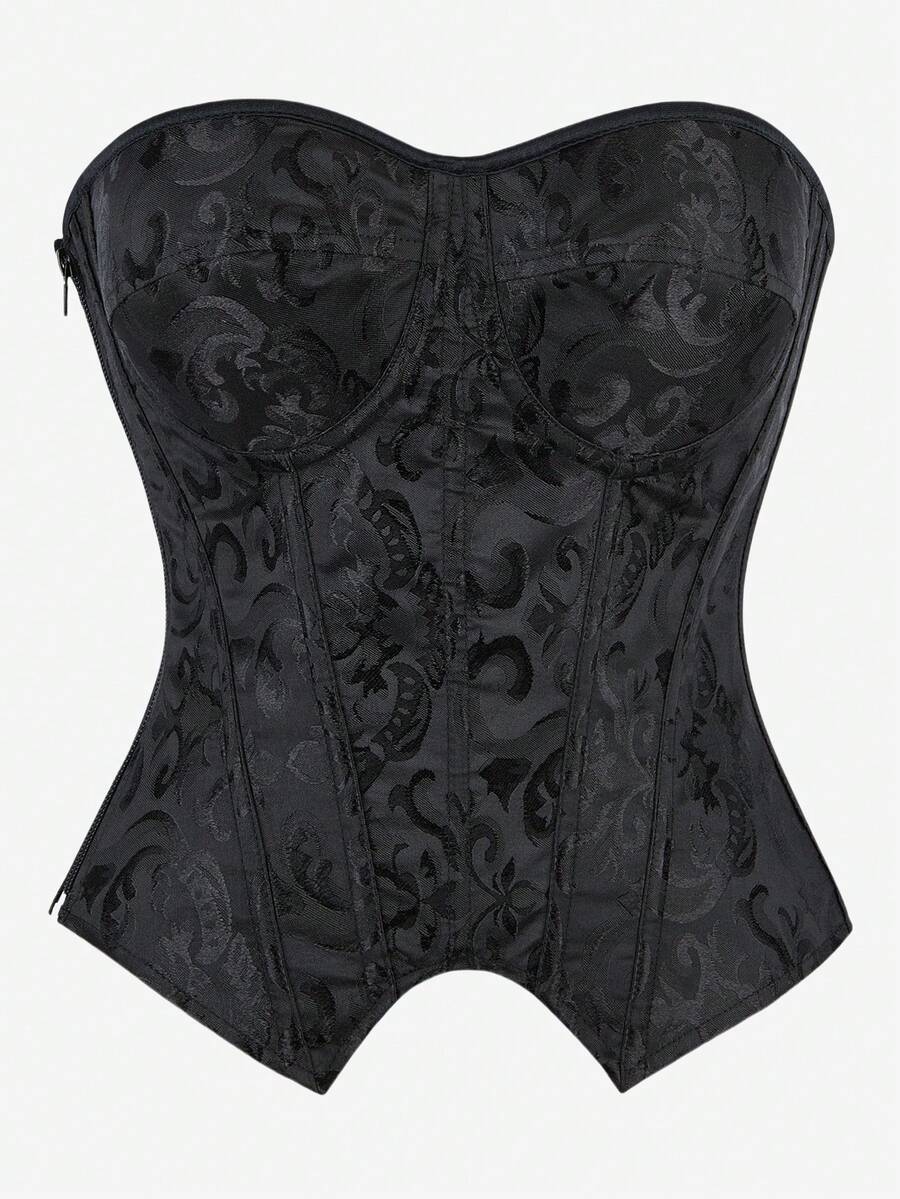 Black overbust corset top with strapless design, boned support, tie-back and zipper closure for women shapewear styling.