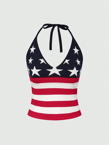 An apricot backless halter knit crop top featuring an American flag print, tied with a back knot, styled for Independence Day and casual fashion.