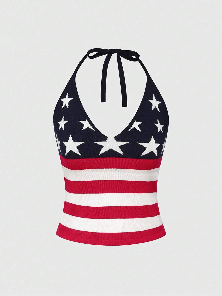 An apricot backless halter knit crop top featuring an American flag print, tied with a back knot, styled for Independence Day and casual fashion.
