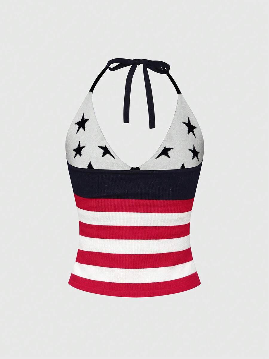 An apricot backless halter knit crop top featuring an American flag print, tied with a back knot, styled for Independence Day and casual fashion.