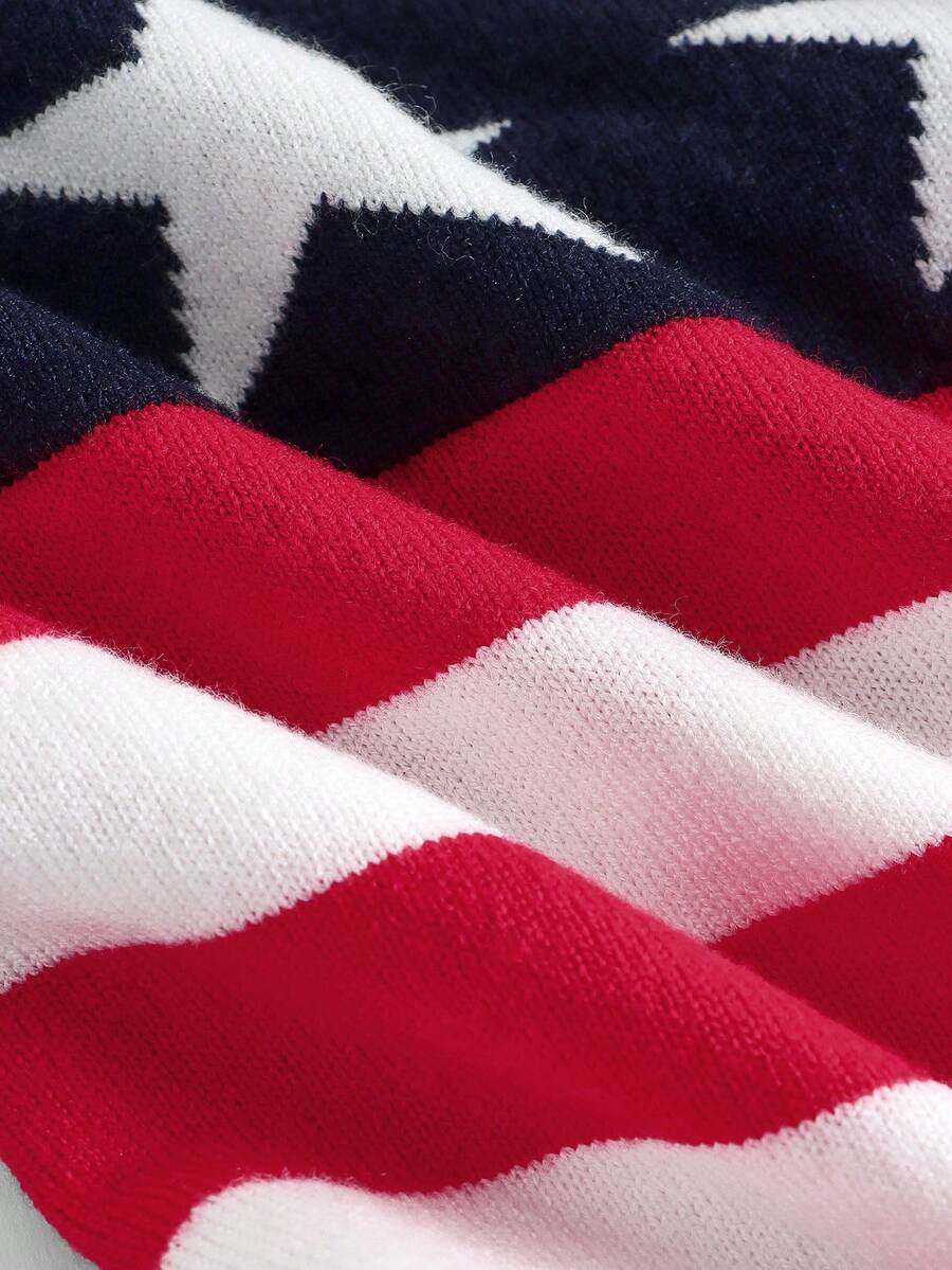 An apricot backless halter knit crop top featuring an American flag print, tied with a back knot, styled for Independence Day and casual fashion.