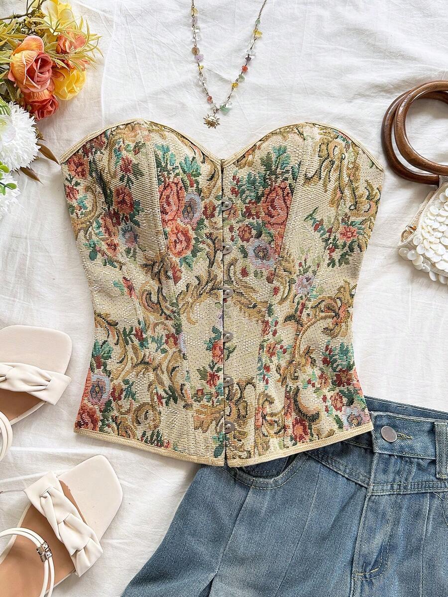 Women's apricot retro floral print bandeau crop top featuring a strapless asymmetrical neckline, lace-up back tie detail, and ruched slim fit woven fabric.