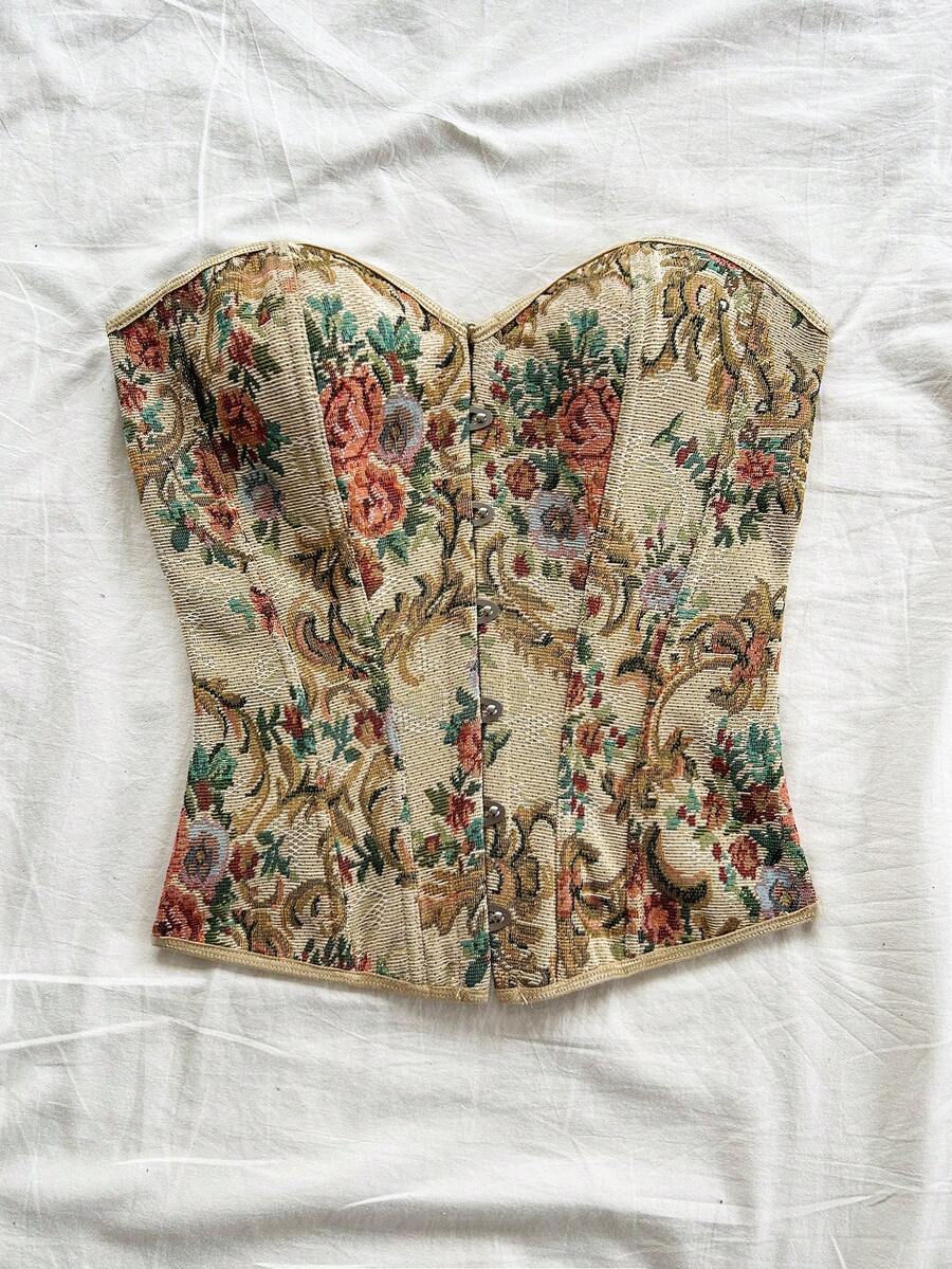 Women's apricot retro floral print bandeau crop top featuring a strapless asymmetrical neckline, lace-up back tie detail, and ruched slim fit woven fabric.
