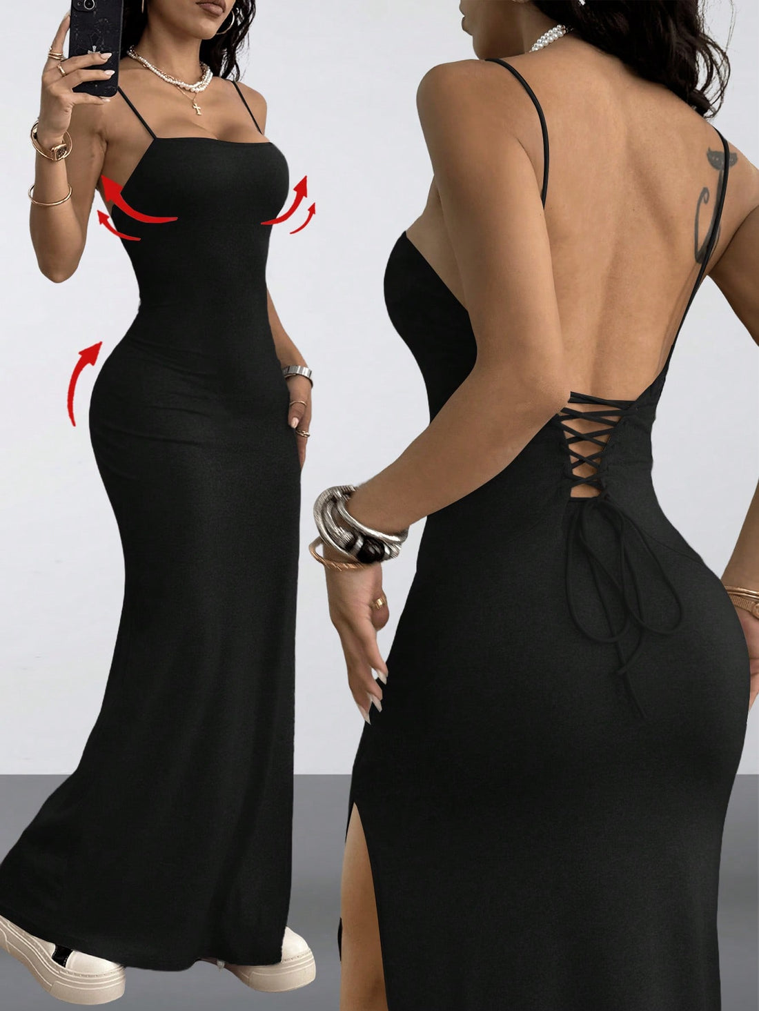 Women's Y2K backless spaghetti strap maxi dress featuring a lace-up back and high split thigh in black knitted fabric.
