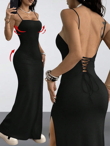 Women's Y2K backless spaghetti strap maxi dress featuring a lace-up back and high split thigh in black knitted fabric.