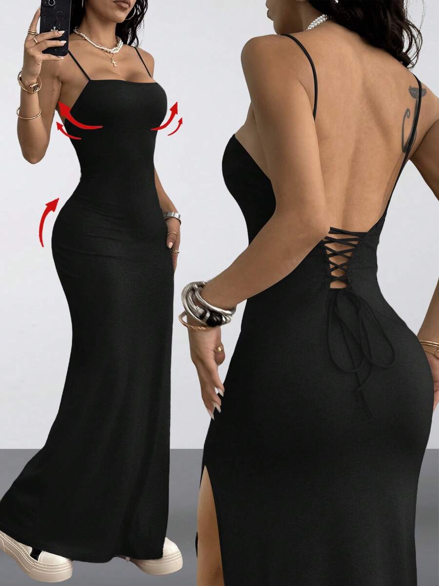 Women's Y2K backless spaghetti strap maxi dress featuring a lace-up back and high split thigh in black knitted fabric.
