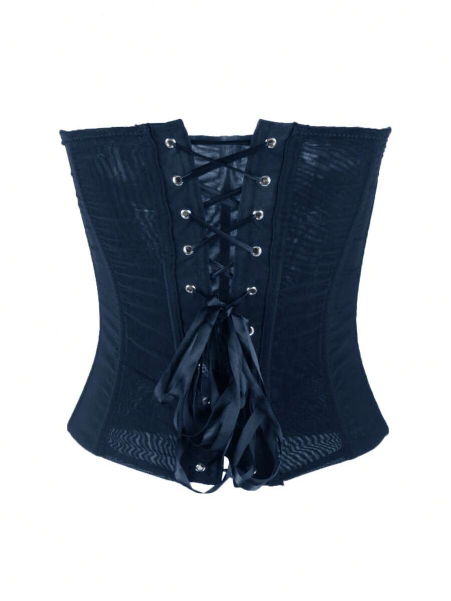 Black strapless mesh bustier top with a backless, semi-sheer design, slim fit, and crop length for women.