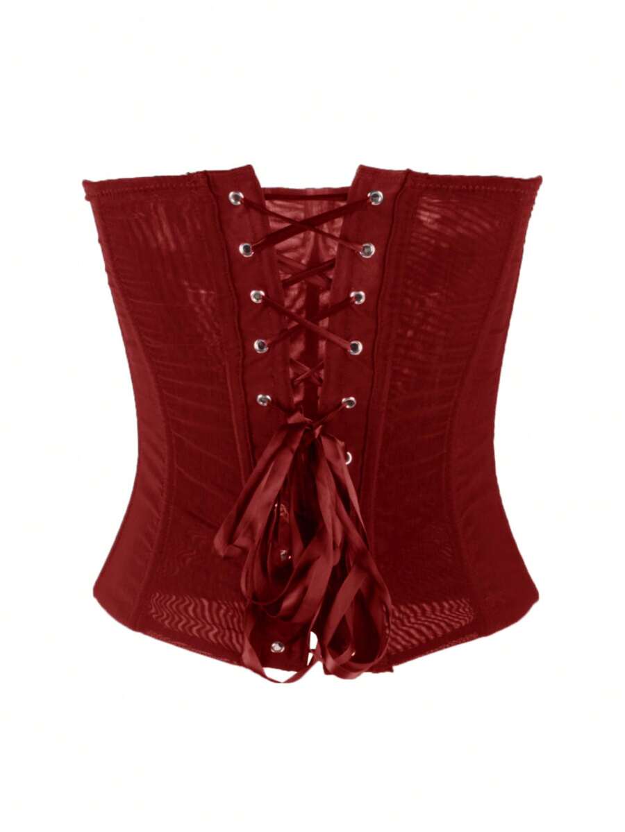 Black strapless mesh bustier top with a backless, semi-sheer design, slim fit, and crop length for women.