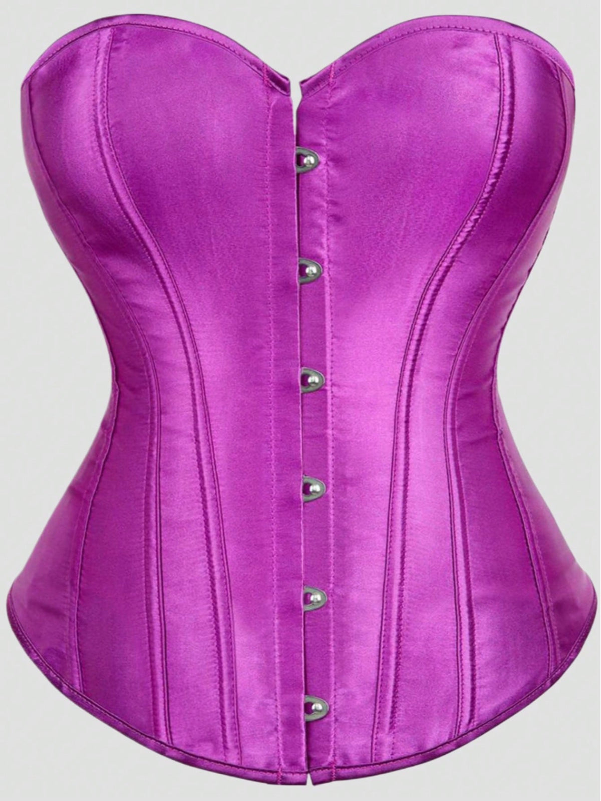 Blue satin bustier corset with front closure, back lace-up detail, and boned shaping for a retro-inspired party look.