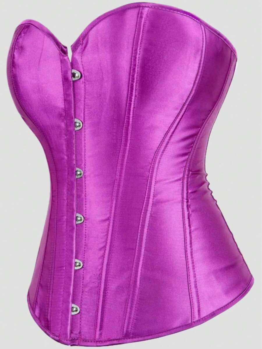 Blue satin bustier corset with front closure, back lace-up detail, and boned shaping for a retro-inspired party look.