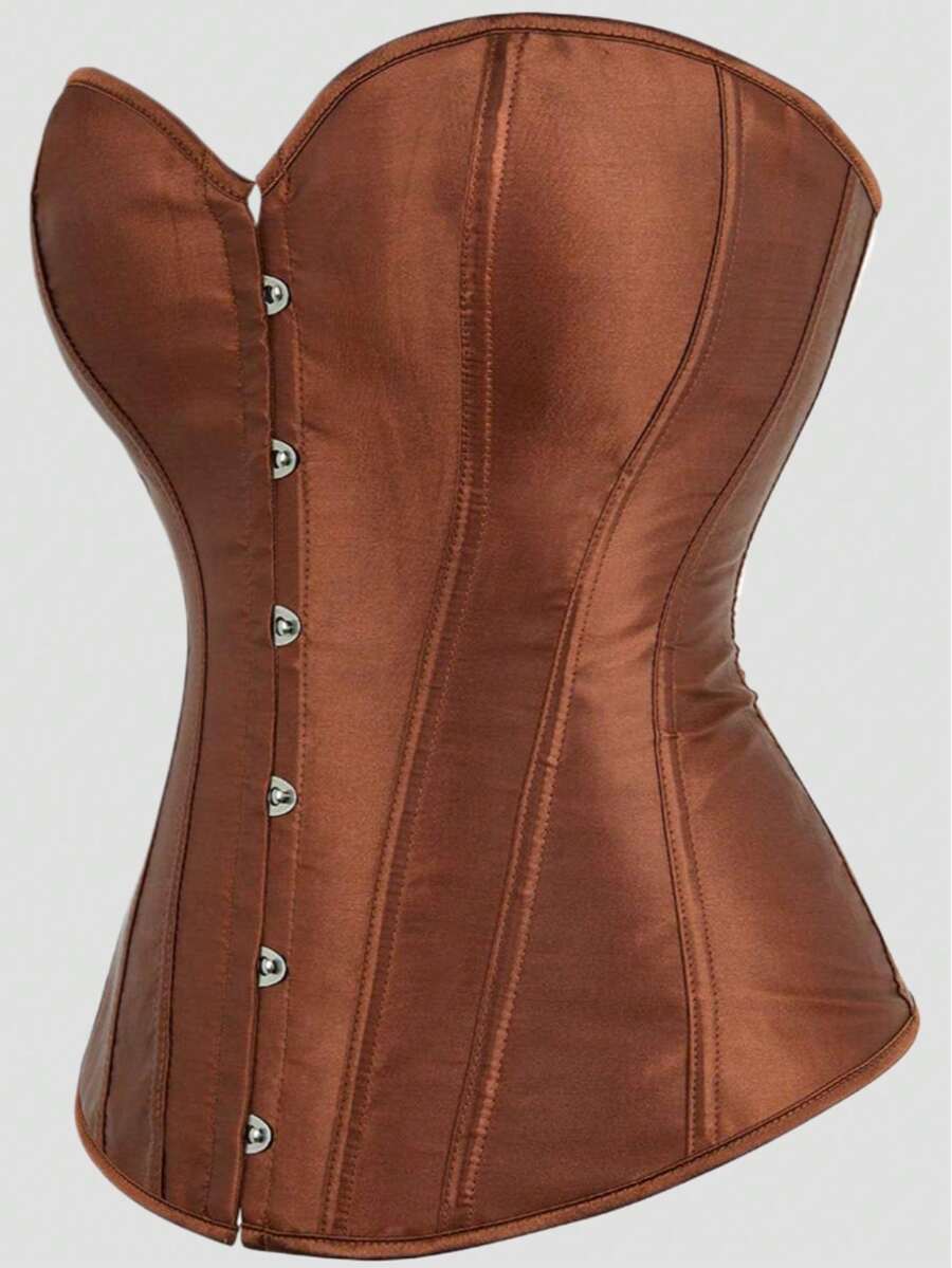 Blue satin bustier corset with front closure, back lace-up detail, and boned shaping for a retro-inspired party look.