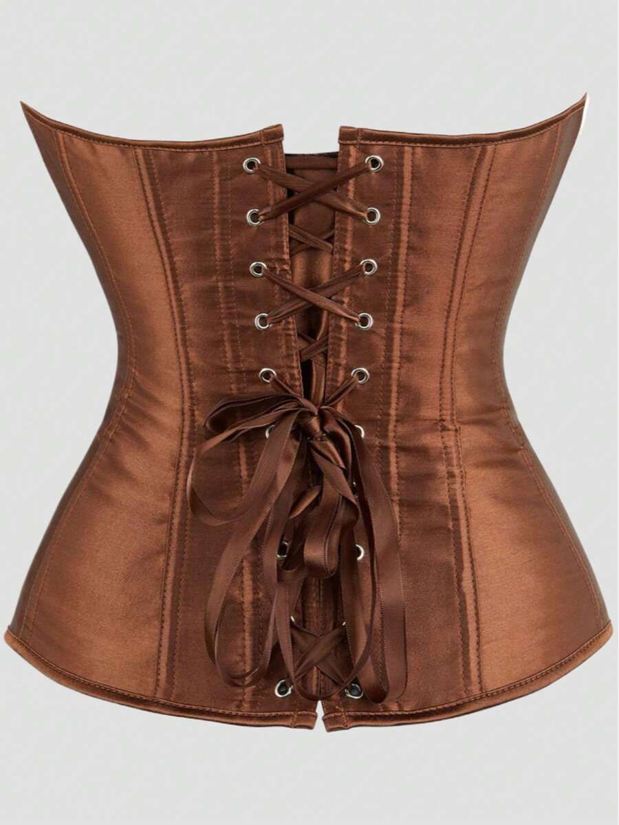 Blue satin bustier corset with front closure, back lace-up detail, and boned shaping for a retro-inspired party look.