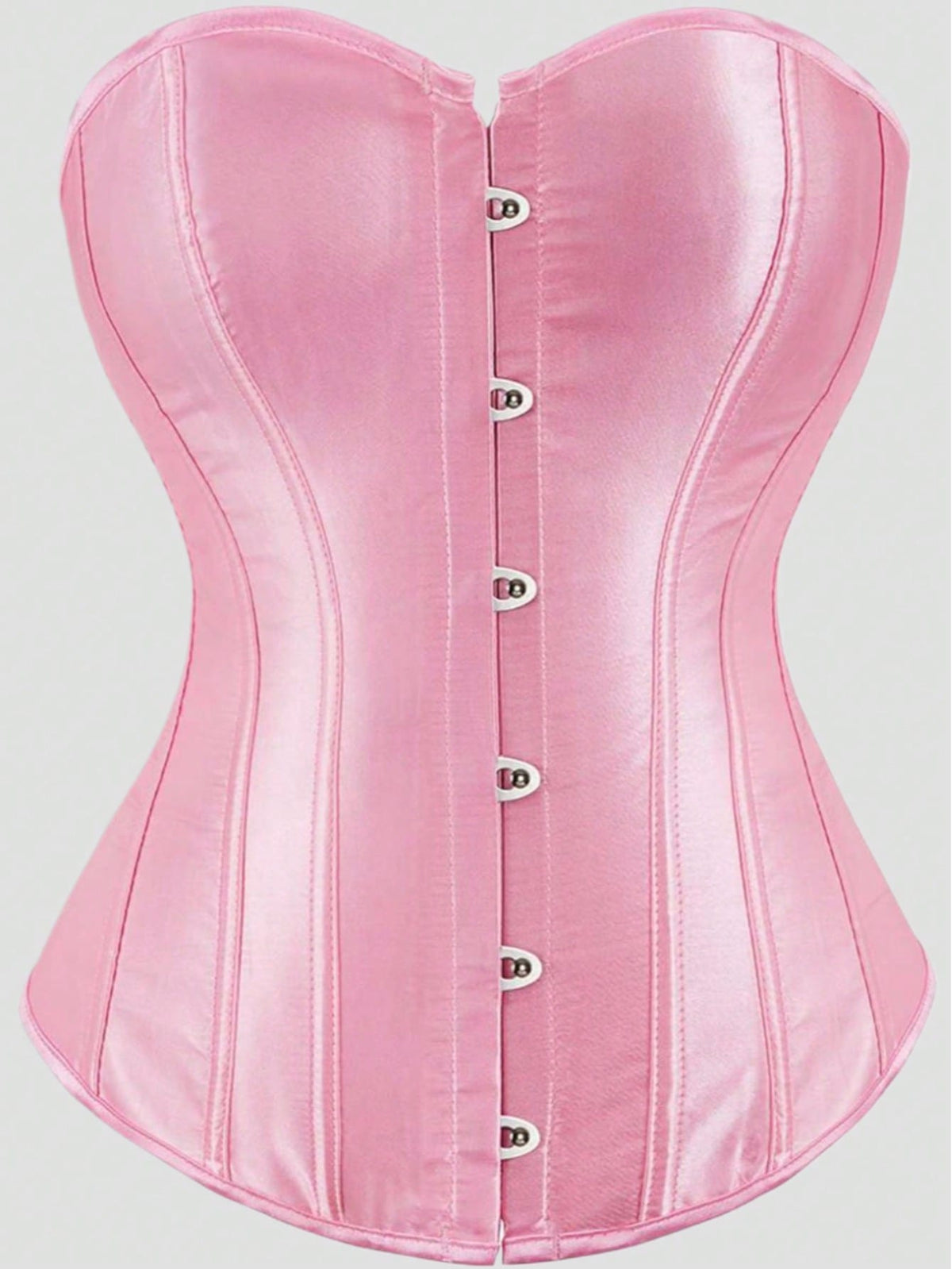 Blue satin bustier corset with front closure, back lace-up detail, and boned shaping for a retro-inspired party look.