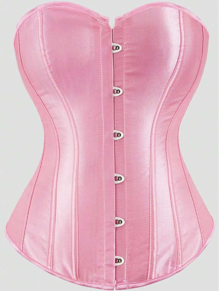 Blue satin bustier corset with front closure, back lace-up detail, and boned shaping for a retro-inspired party look.