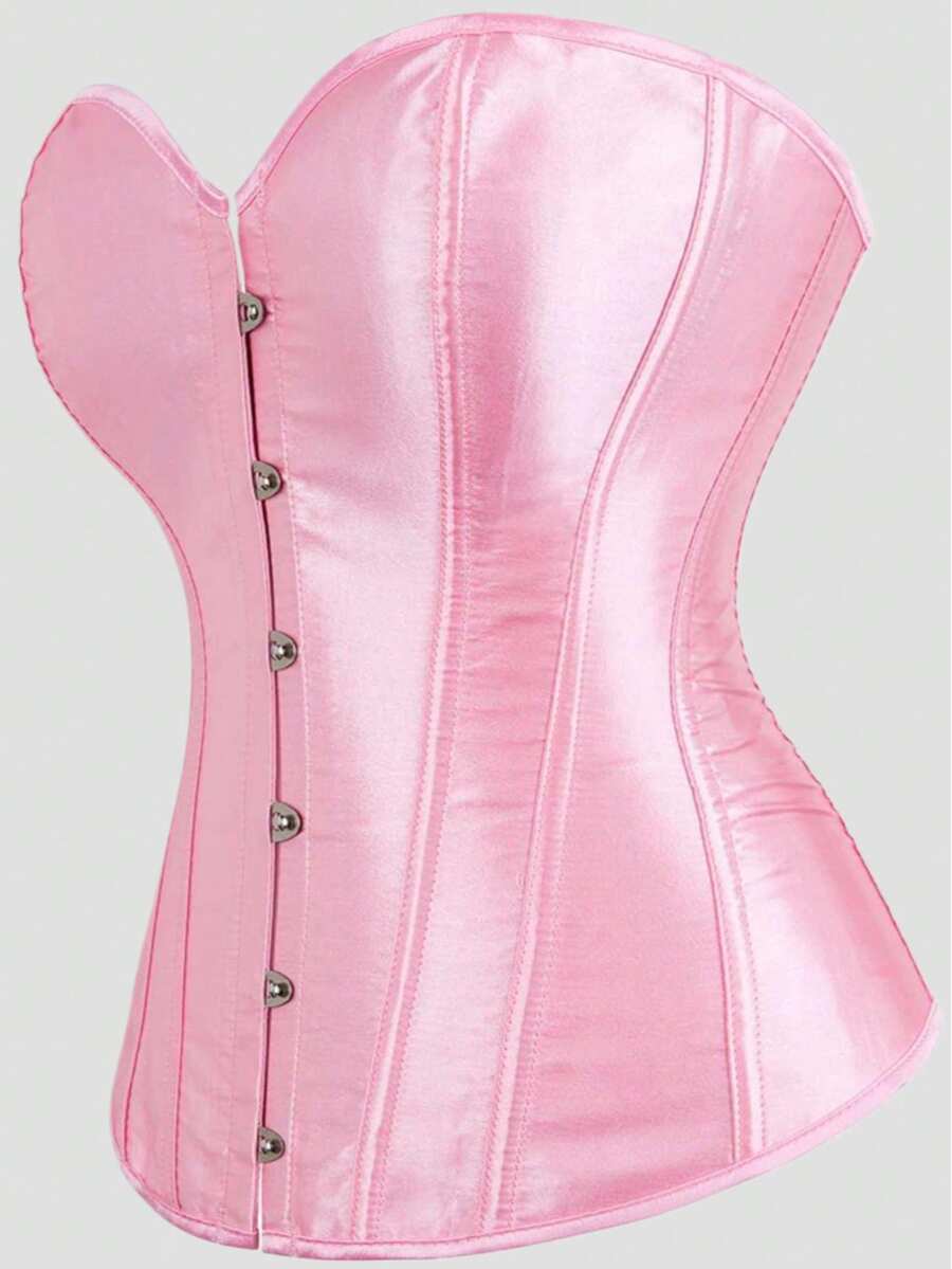 Blue satin bustier corset with front closure, back lace-up detail, and boned shaping for a retro-inspired party look.