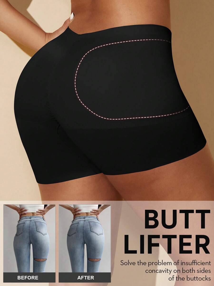 Women's black seamless waist trainer shorts featuring tummy control and butt lifting pads
