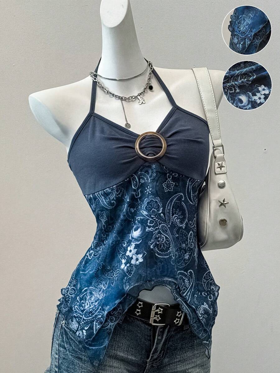 Women's backless halter cami top featuring a paisley print, sleeveless design, and an asymmetrical hem in knitted fabric.