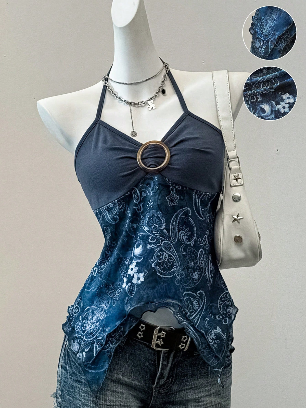 Women's backless halter cami top featuring a paisley print, sleeveless design, and an asymmetrical hem in knitted fabric.