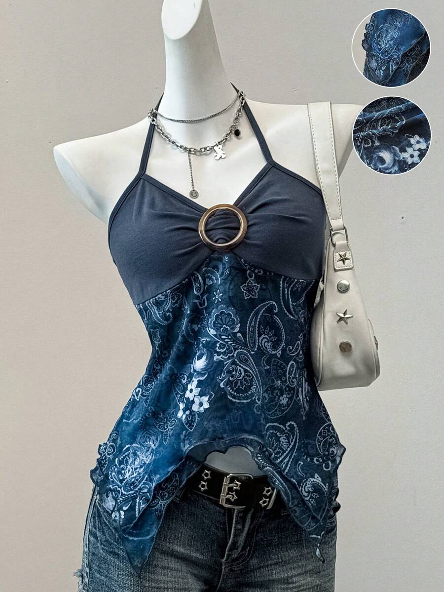 Women's backless halter cami top featuring a paisley print, sleeveless design, and an asymmetrical hem in knitted fabric.