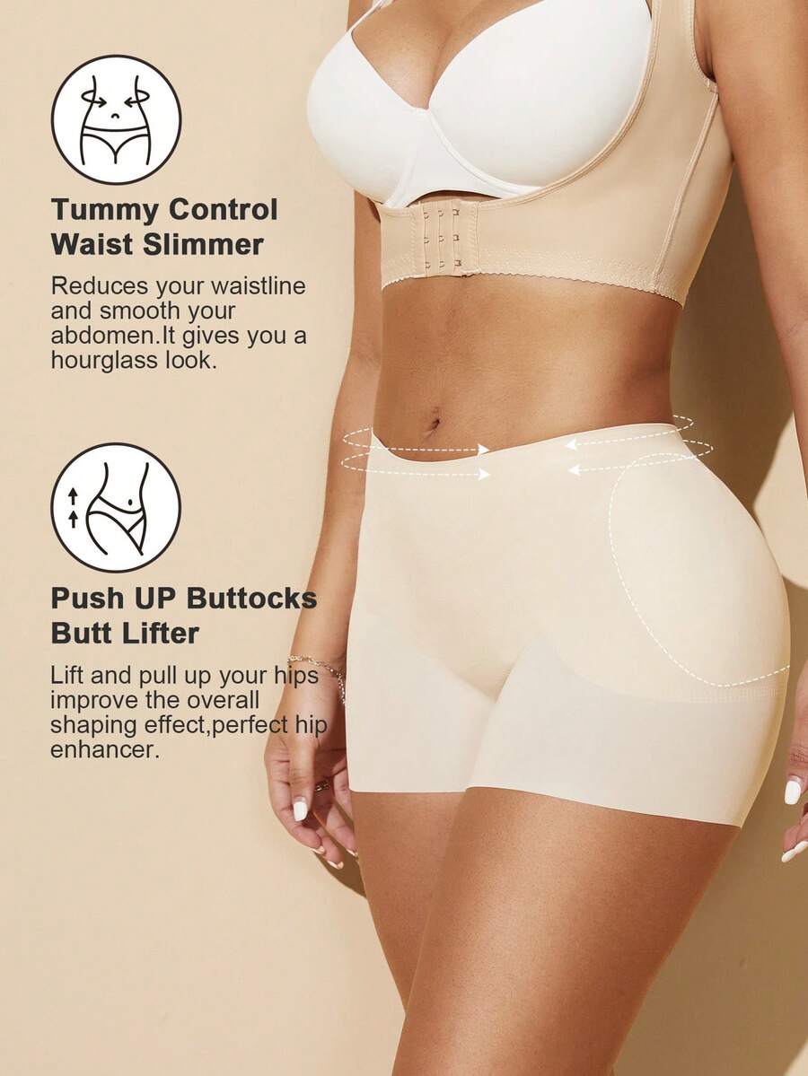 Women's black seamless waist trainer shorts featuring tummy control and butt lifting pads