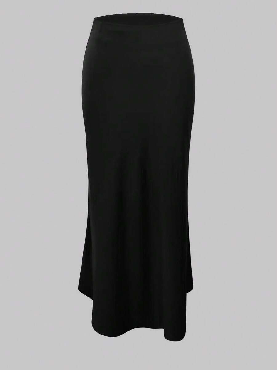 Elegant plain black mid waist long satin skirt for women featuring a sleek zipper closure and regular fit.