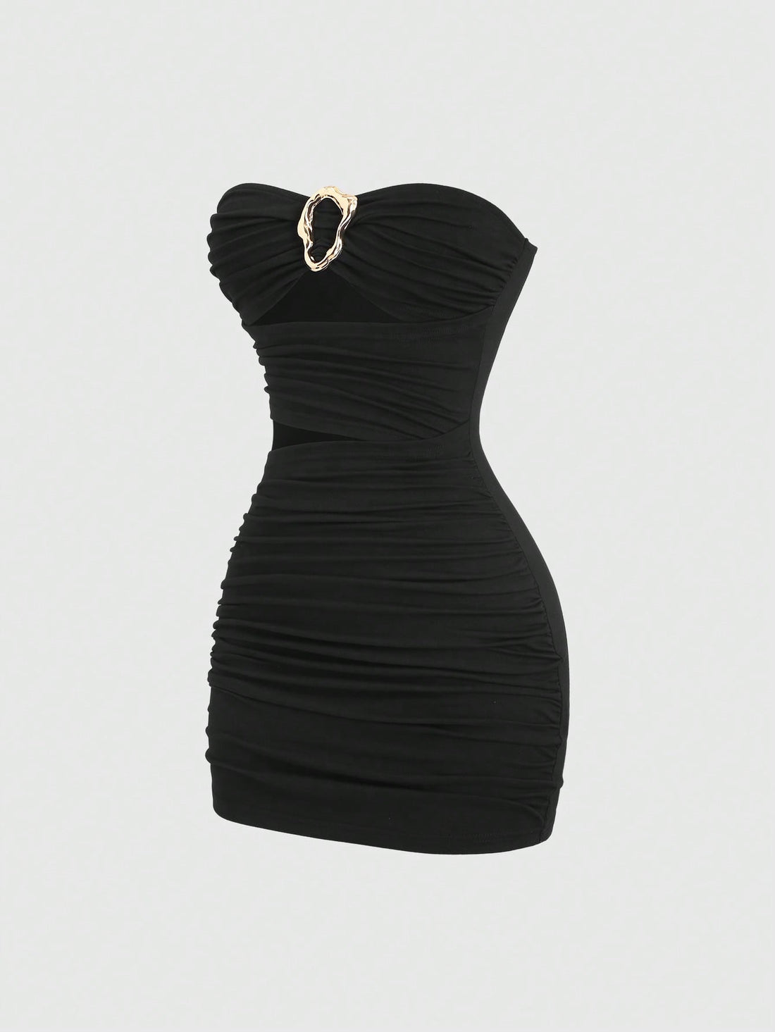 Women's black strapless bodycon mini dress featuring ruched detailing, cut-out design with ring accent, mid-waist pencil hem, and slim fit knitted stretch fabric.