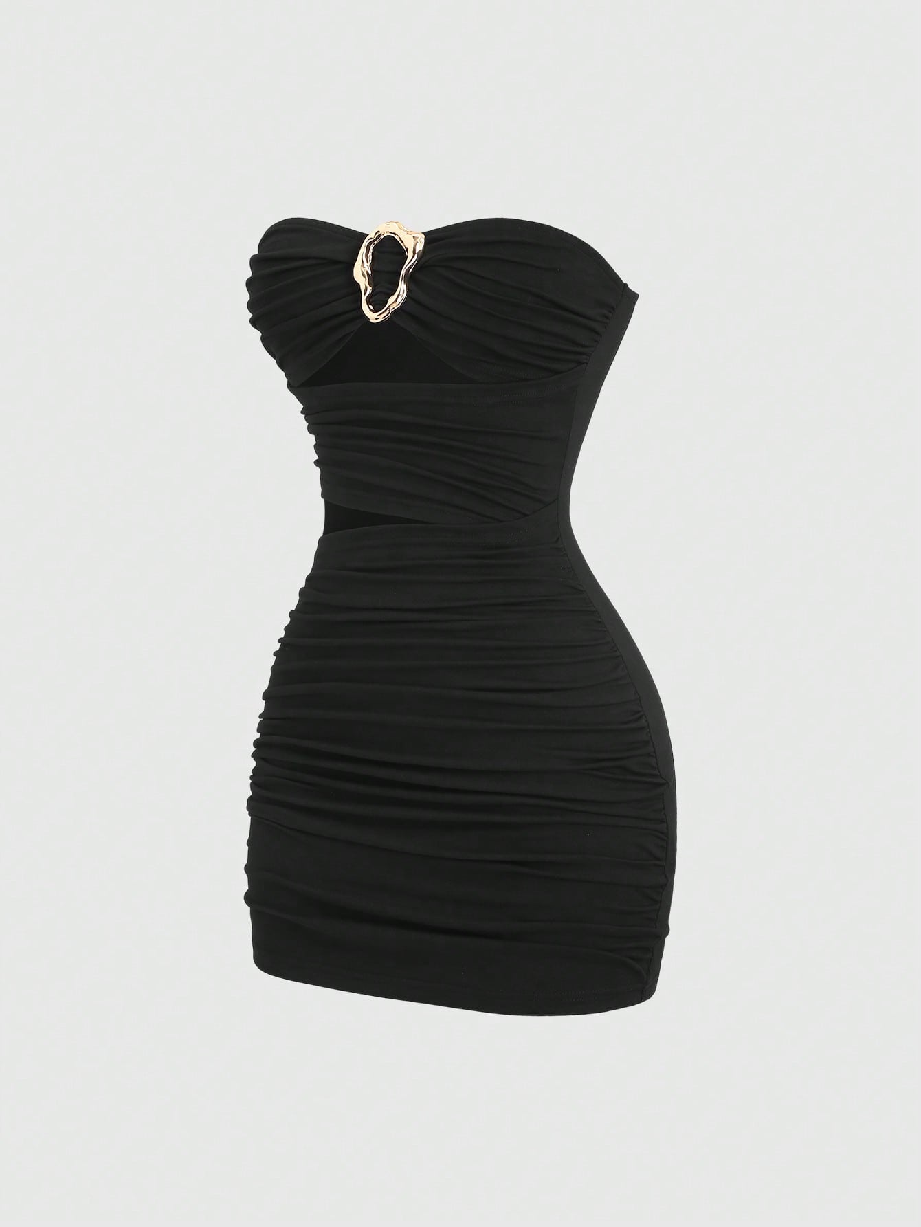 Women's black strapless bodycon mini dress featuring ruched detailing, cut-out design with ring accent, mid-waist pencil hem, and slim fit knitted stretch fabric.