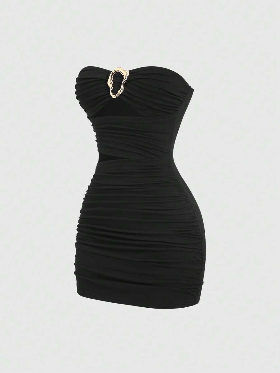 Women's black strapless bodycon mini dress featuring ruched detailing, cut-out design with ring accent, mid-waist pencil hem, and slim fit knitted stretch fabric.