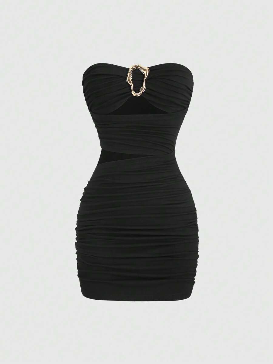 Women's black strapless bodycon mini dress featuring ruched detailing, cut-out design with ring accent, mid-waist pencil hem, and slim fit knitted stretch fabric.