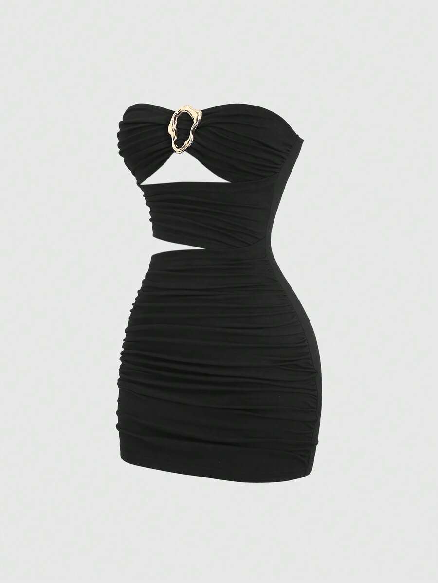 Women's black strapless bodycon mini dress featuring ruched detailing, cut-out design with ring accent, mid-waist pencil hem, and slim fit knitted stretch fabric.