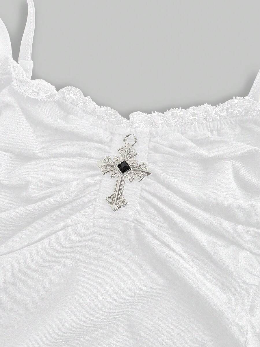 A black gothic slim-fit tank top featuring contrast lace patchwork detailing, ruched frill trim, and thin spaghetti straps made from soft knitted stretch fabric.