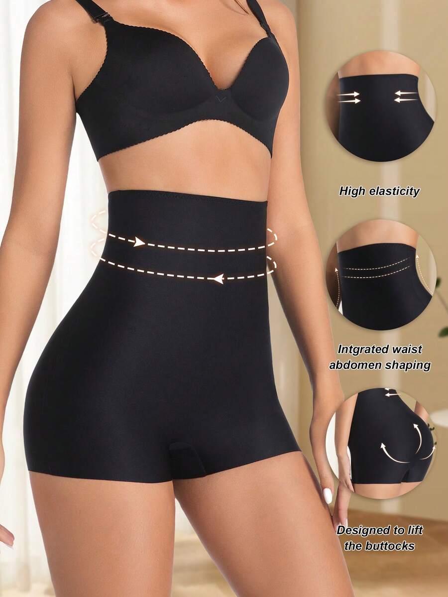 Women wearing apricot high waist tummy control seamless shapewear shorts.