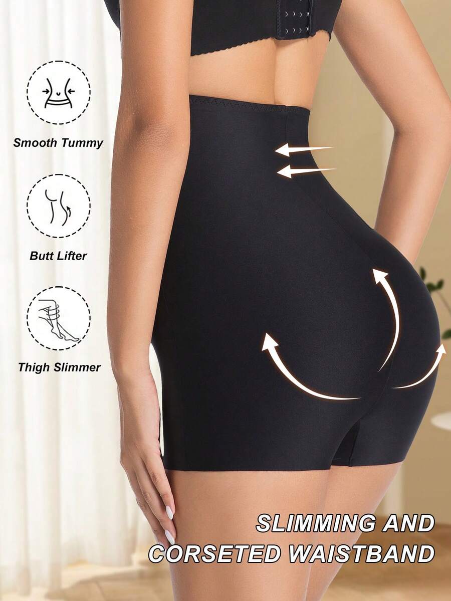 Women wearing apricot high waist tummy control seamless shapewear shorts.
