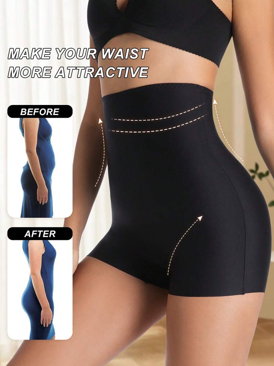 Women wearing apricot high waist tummy control seamless shapewear shorts.