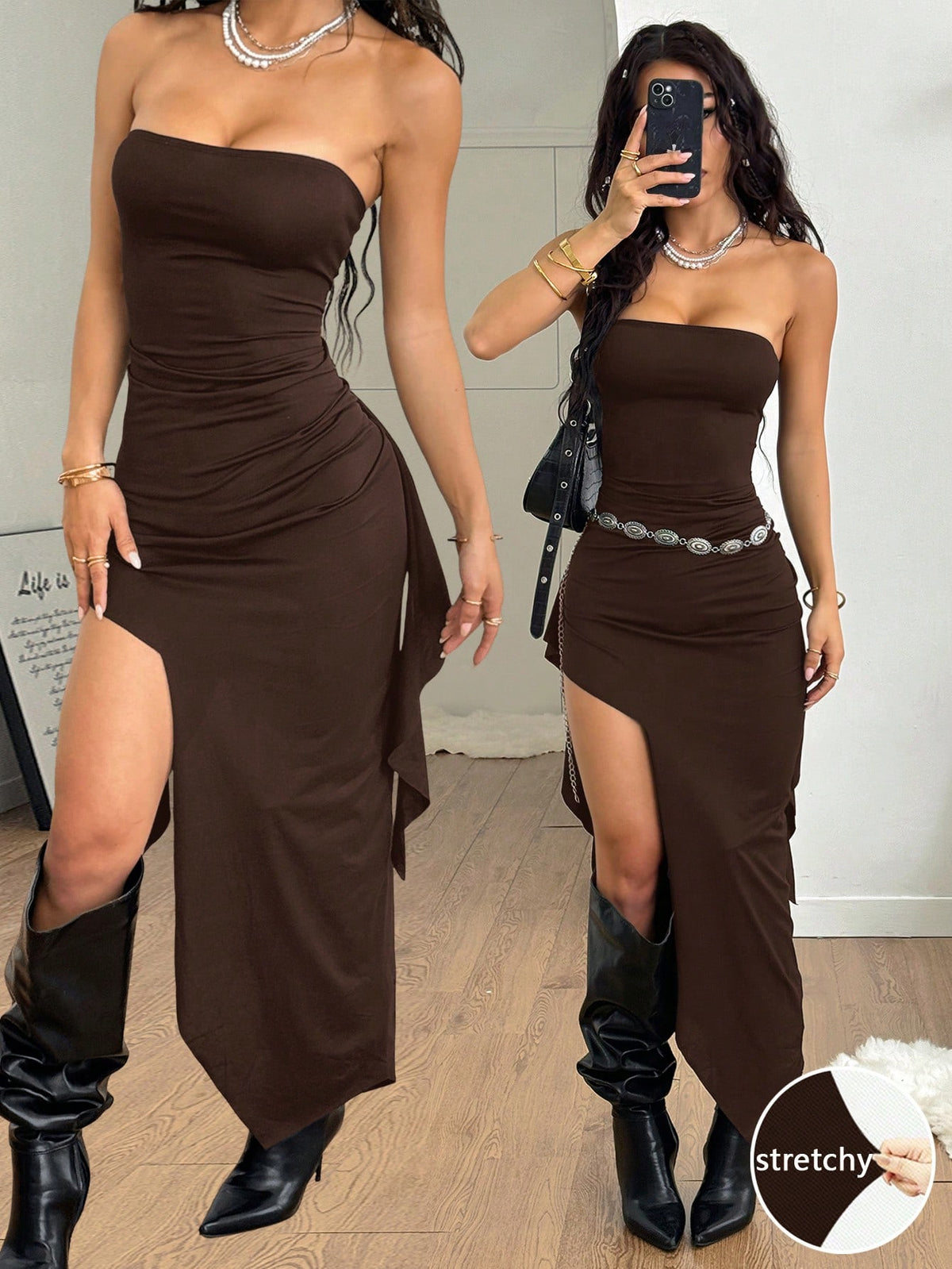 Black strapless lace asymmetrical long dress for women featuring ruched detailing, a split thigh, and a slim fit bodycon silhouette.