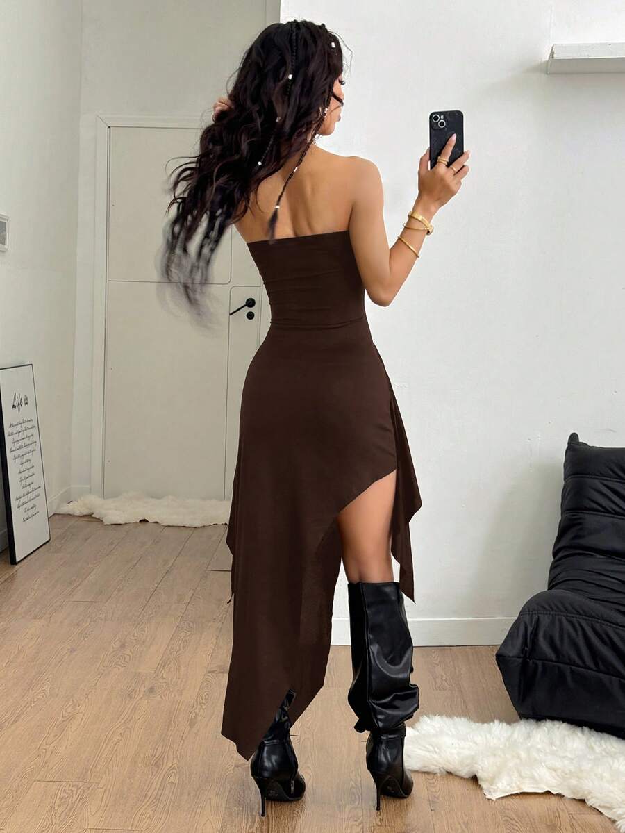 Black strapless lace asymmetrical long dress for women featuring ruched detailing, a split thigh, and a slim fit bodycon silhouette.
