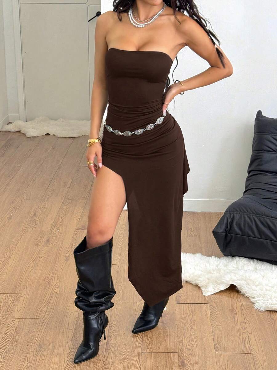 Black strapless lace asymmetrical long dress for women featuring ruched detailing, a split thigh, and a slim fit bodycon silhouette.