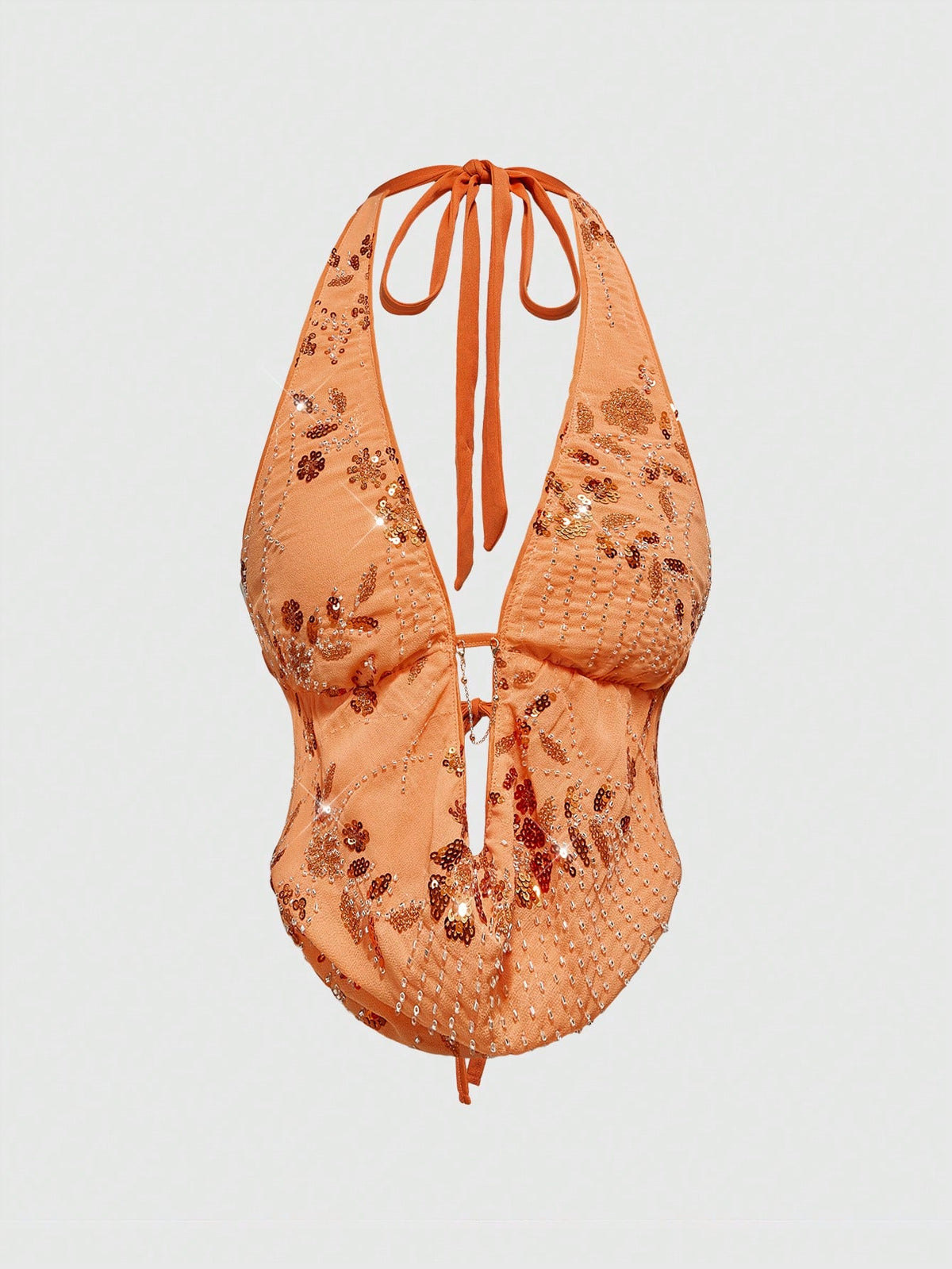 Pink sequin halter tank top for women featuring embroidered draped backless design and asymmetrical hem.