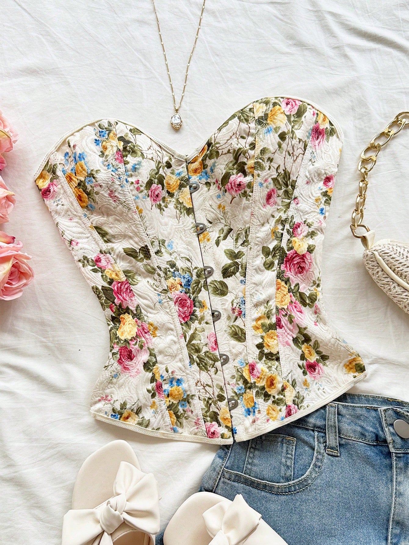 Women's apricot retro floral print bandeau crop top featuring a strapless asymmetrical neckline, lace-up back tie detail, and ruched slim fit woven fabric.
