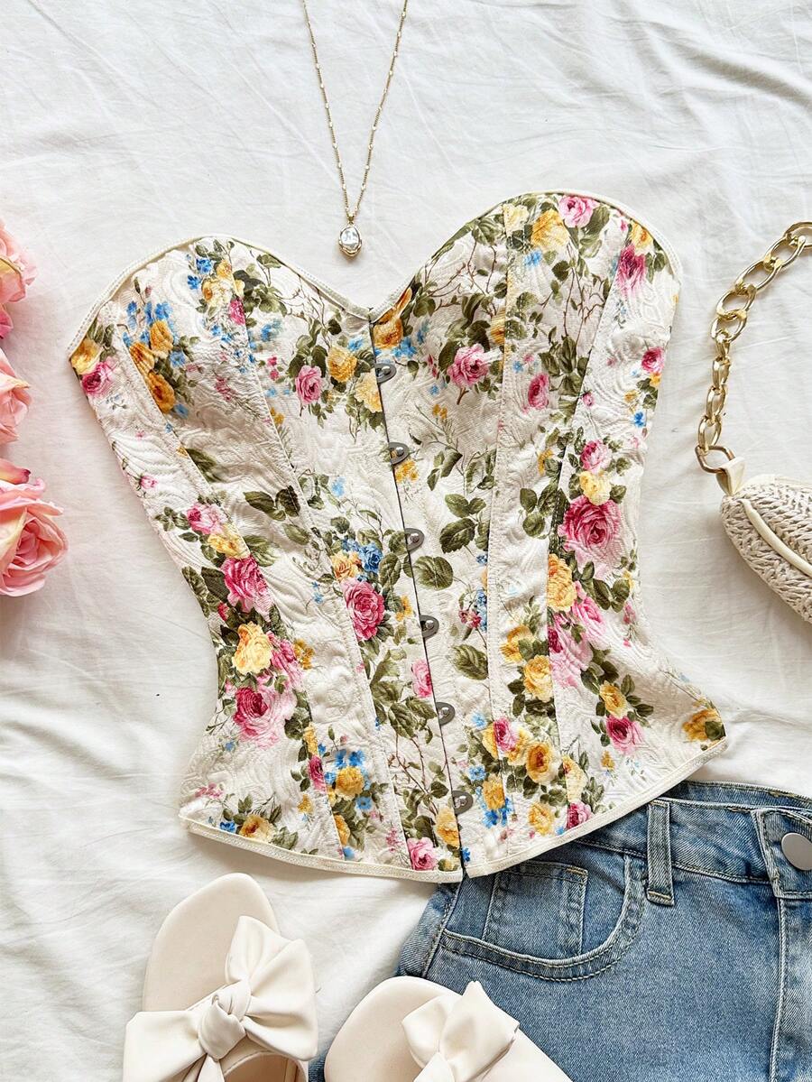 Women's apricot retro floral print bandeau crop top featuring a strapless asymmetrical neckline, lace-up back tie detail, and ruched slim fit woven fabric.
