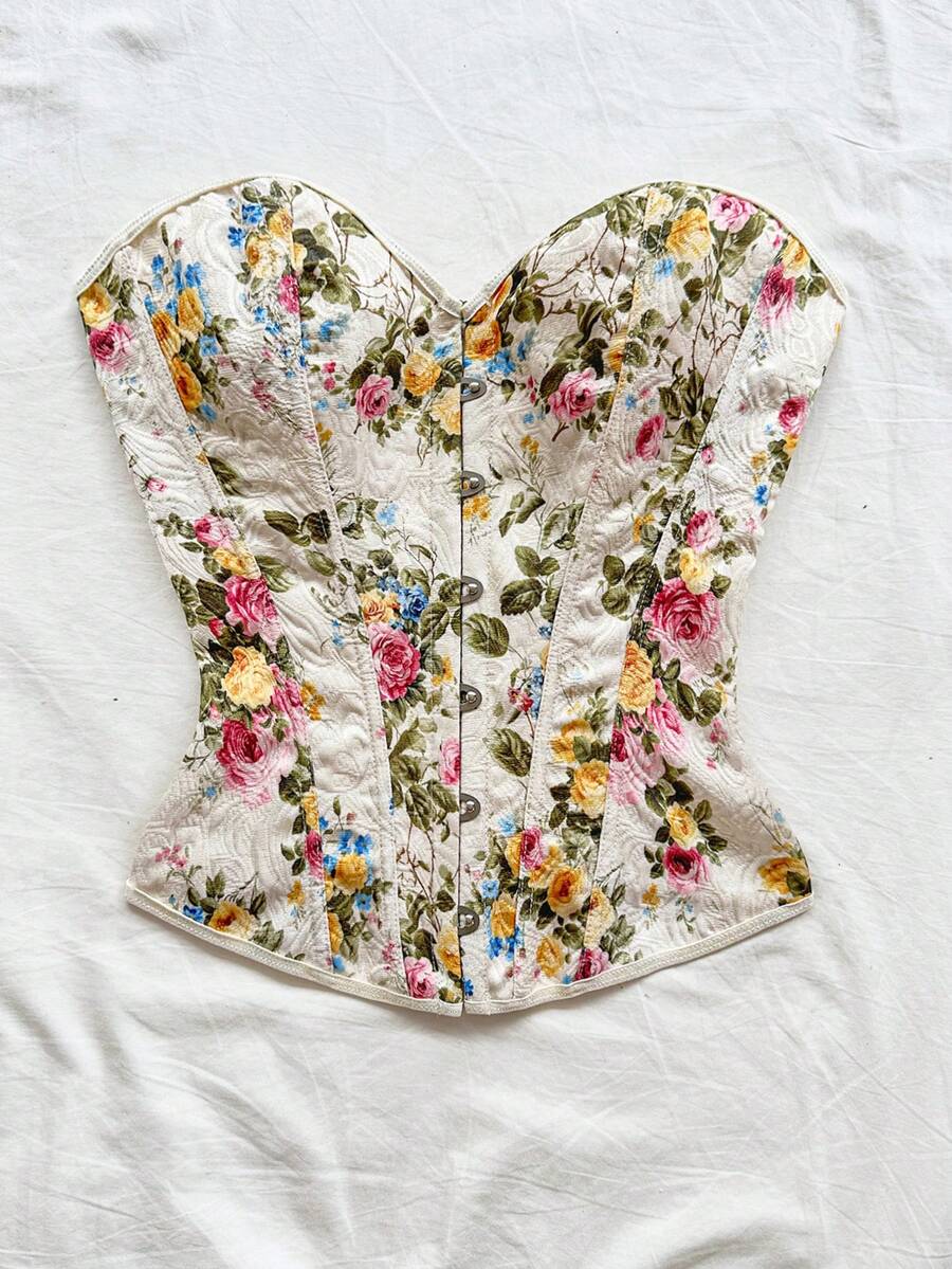 Women's apricot retro floral print bandeau crop top featuring a strapless asymmetrical neckline, lace-up back tie detail, and ruched slim fit woven fabric.