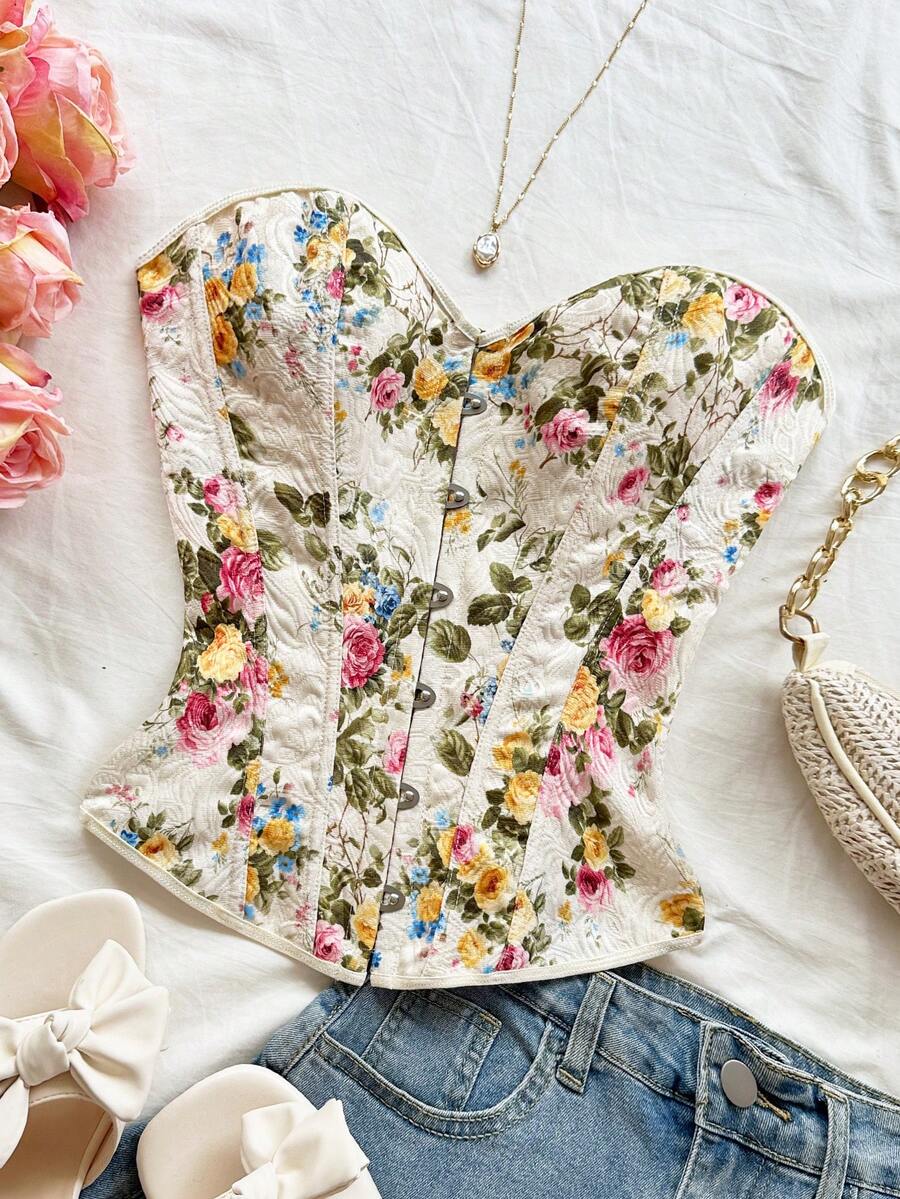 Women's apricot retro floral print bandeau crop top featuring a strapless asymmetrical neckline, lace-up back tie detail, and ruched slim fit woven fabric.