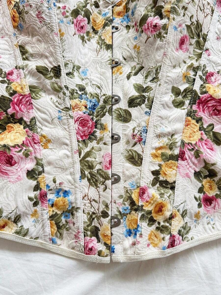 Women's apricot retro floral print bandeau crop top featuring a strapless asymmetrical neckline, lace-up back tie detail, and ruched slim fit woven fabric.