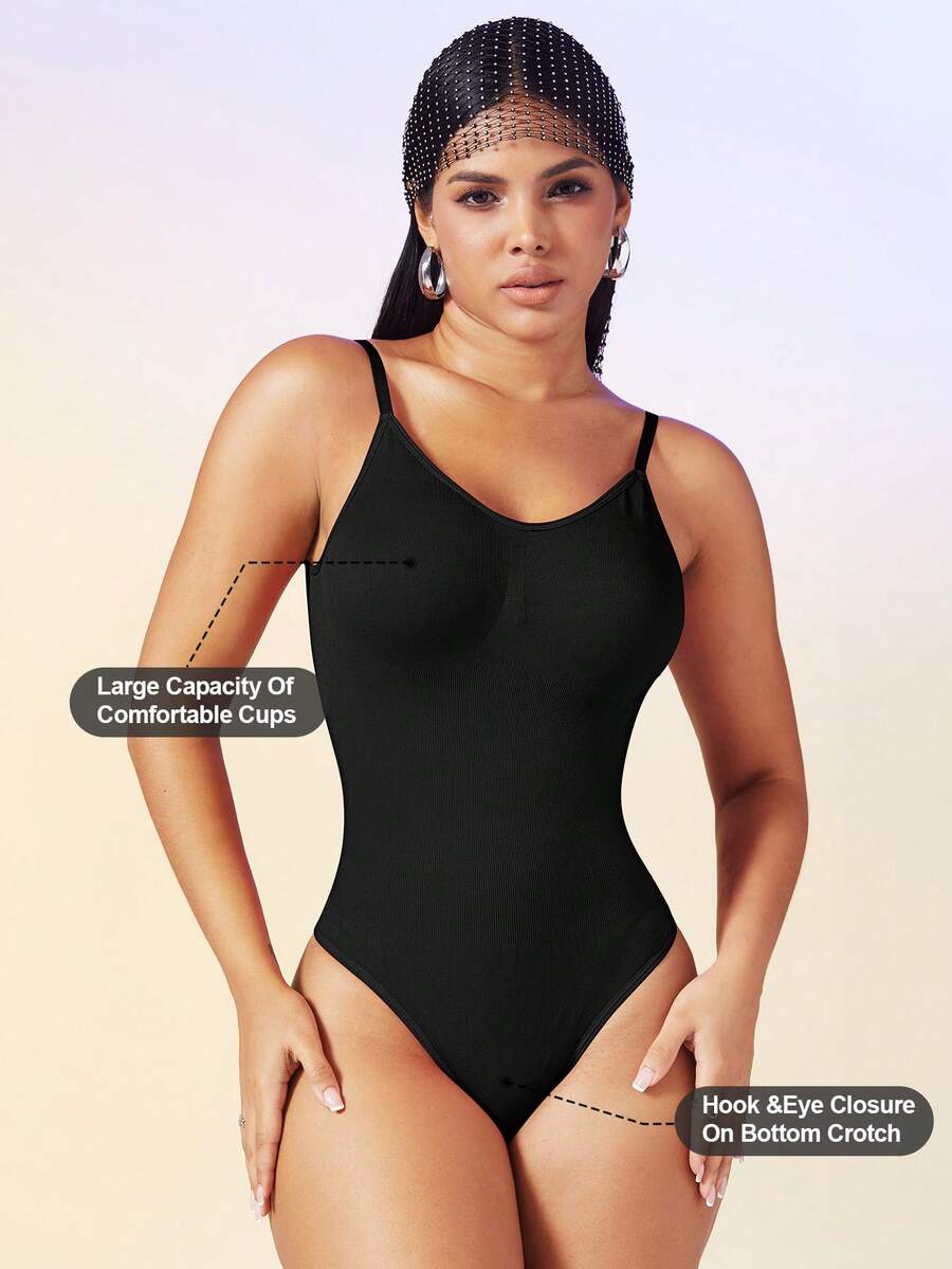 Women's seamless backless shaping bodysuit with thong bottom, high stretch knitted fabric, and built-in padding.